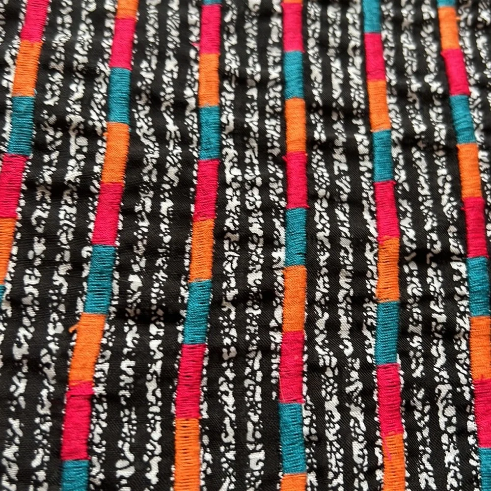 THML Black and White Textured Top with Colorful Embroidered Yoke